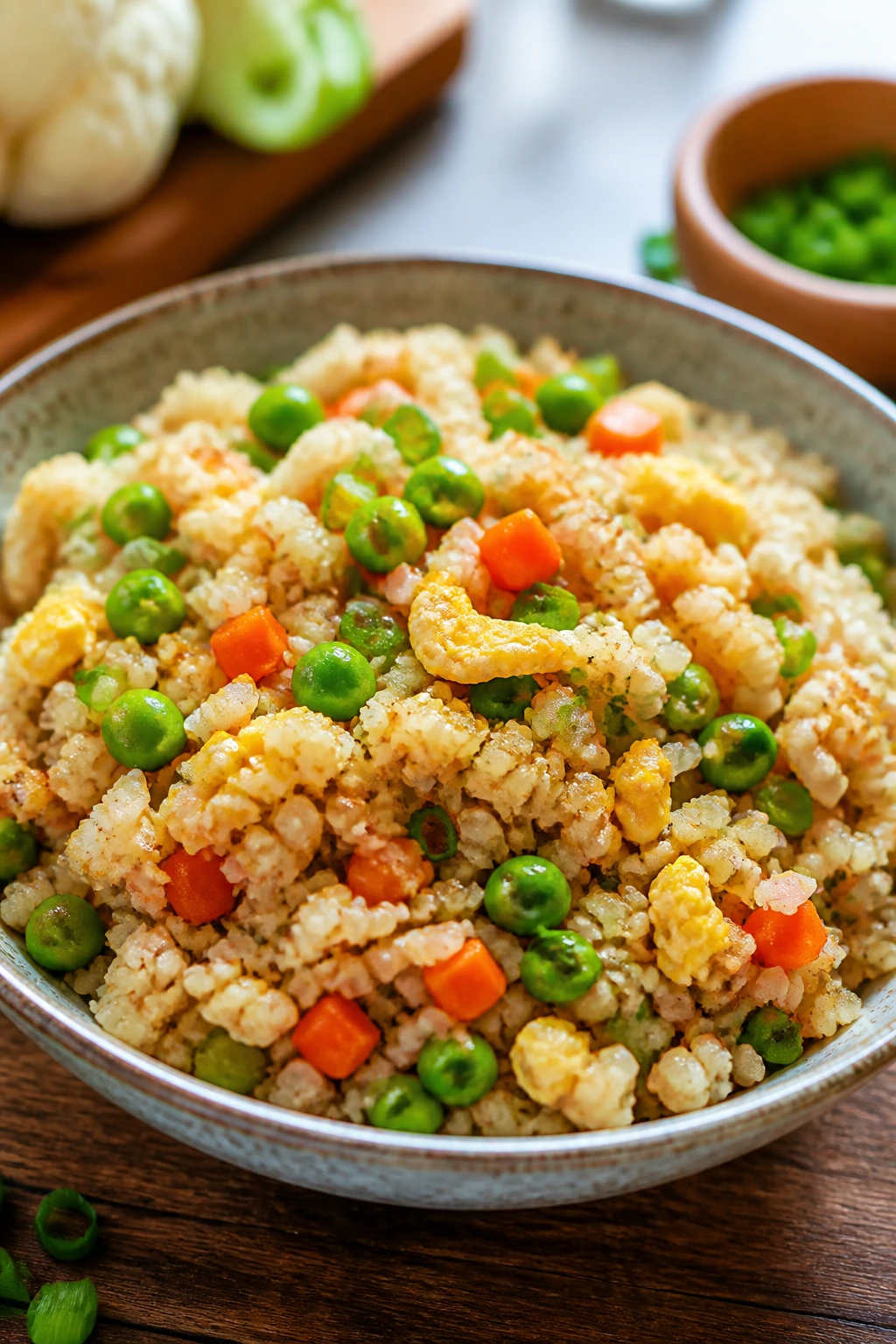 Close-up of cauliflower fried rice with peas and eggs in a bowl