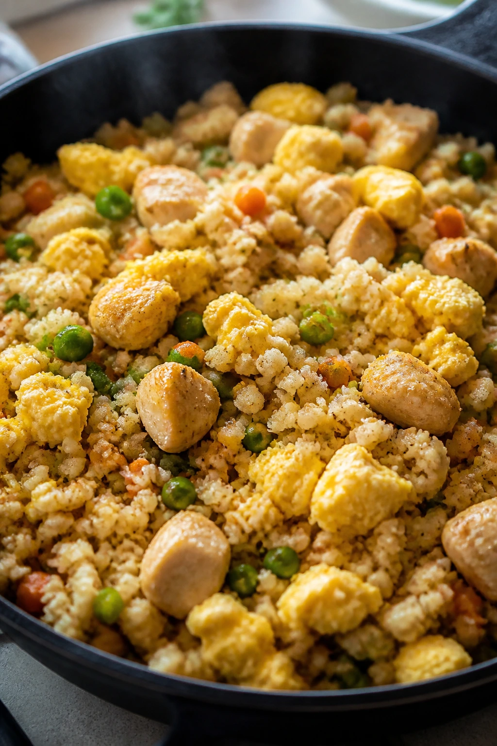 Cauliflower fried rice with chicken and scrambled eggs