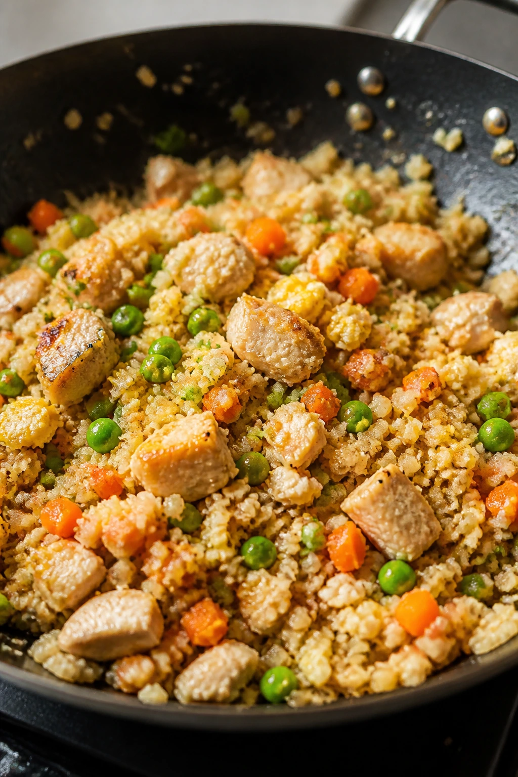 Cauliflower fried rice with chicken in a wok