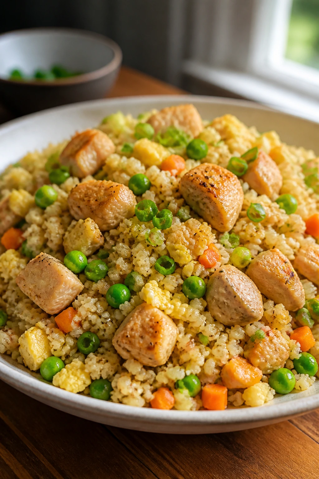 Plate of chicken cauliflower fried rice with vegetables