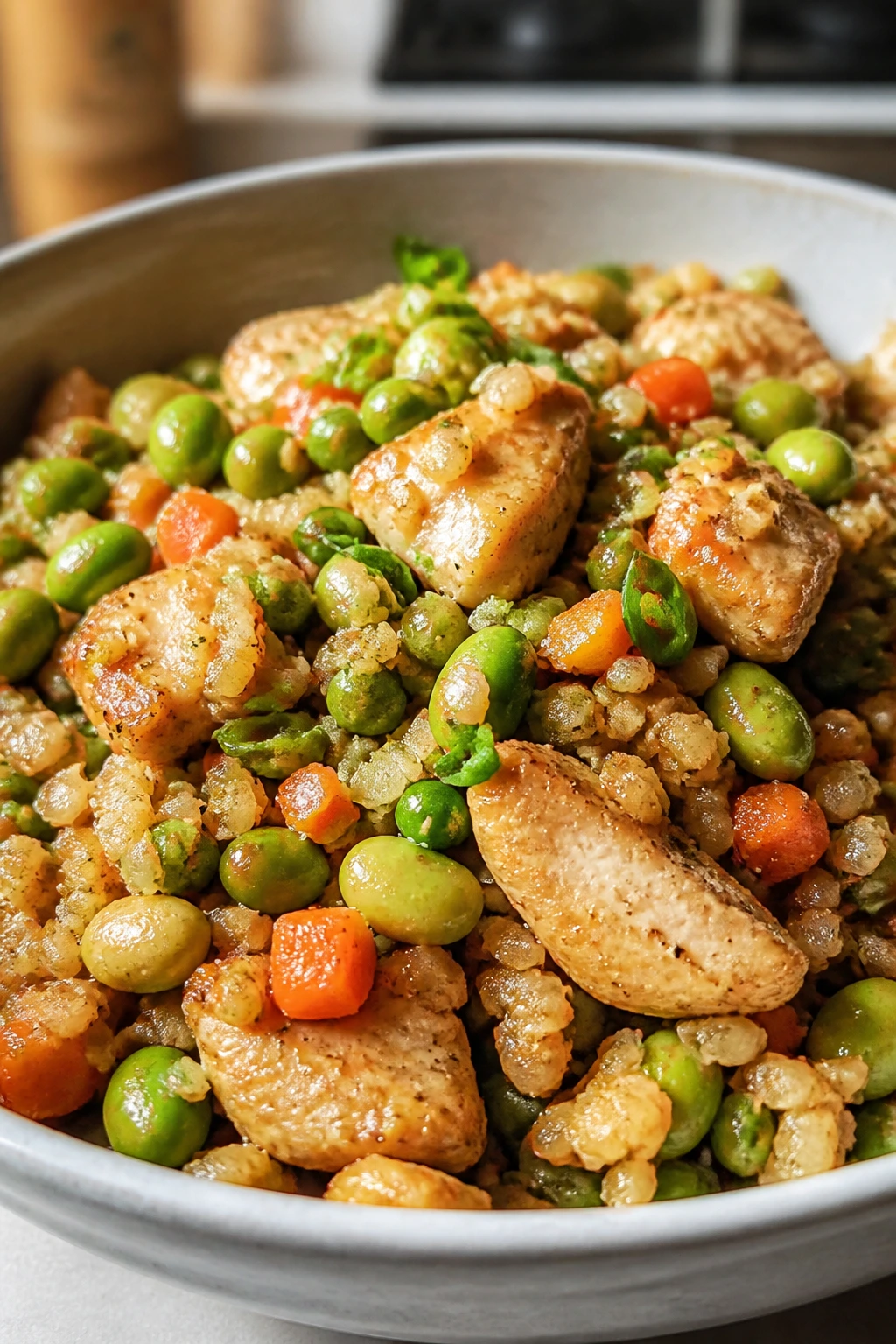 Cauliflower fried rice with chicken and edamame in bowl.