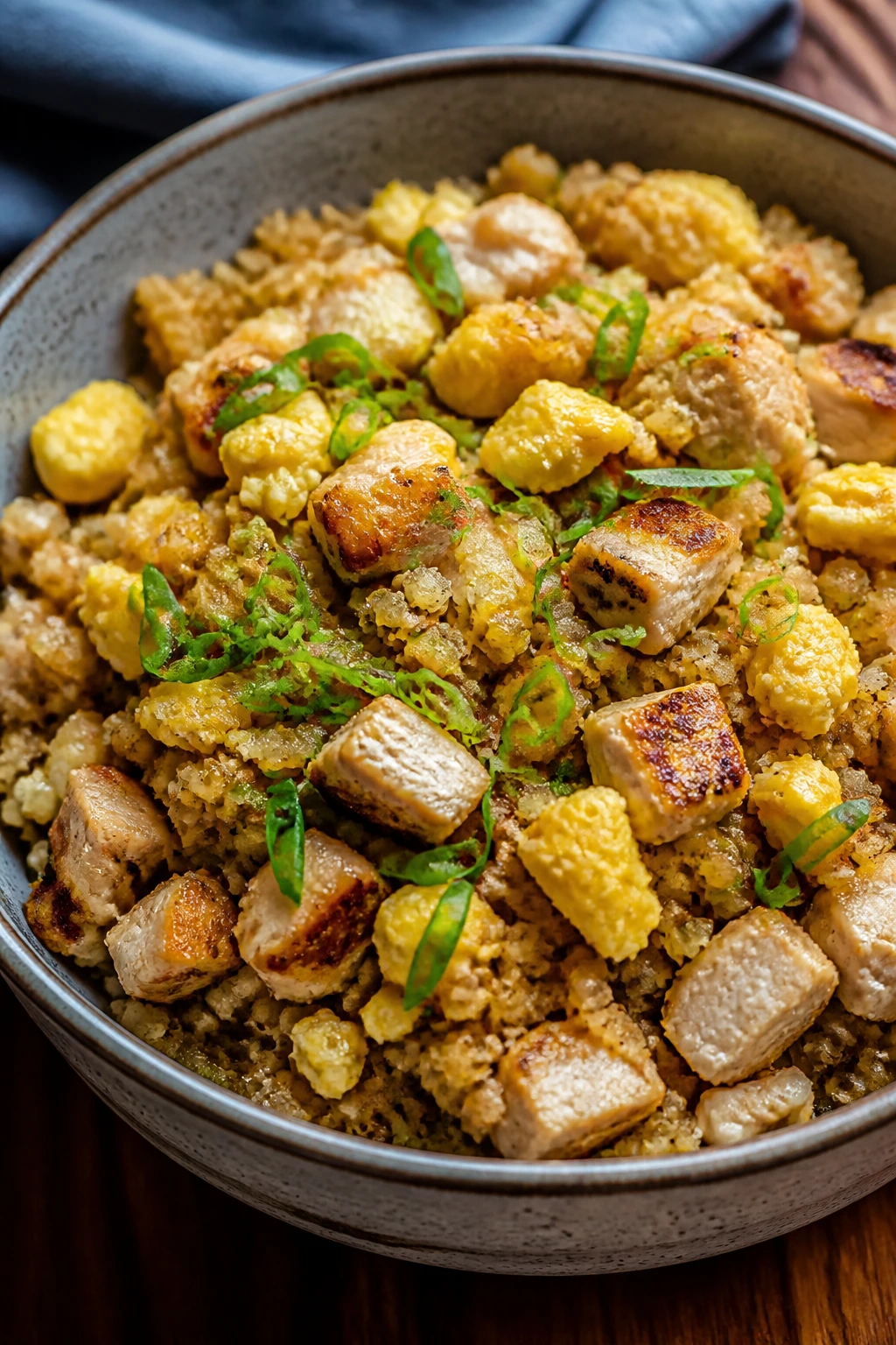 Cauliflower fried rice with chicken and scrambled eggs in a bowl