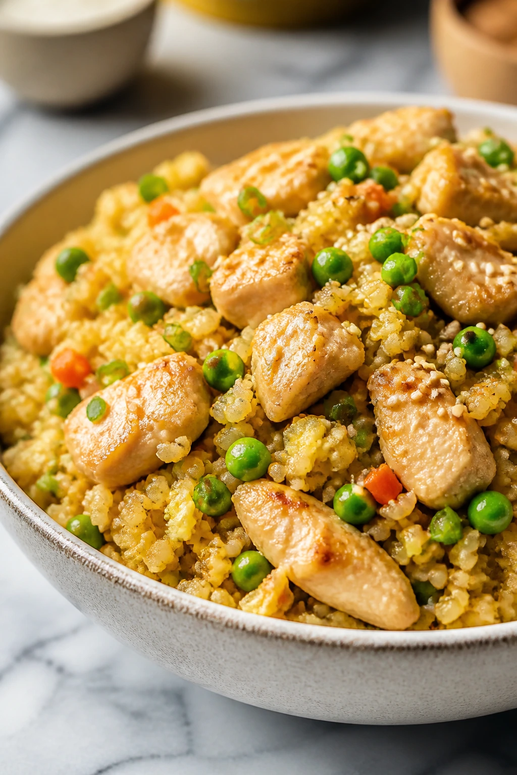 Close-up of cauliflower fried rice with chicken and peas in a bowl