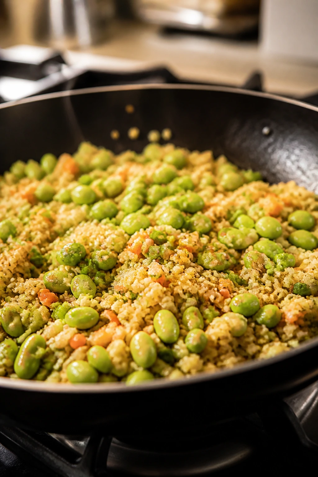 Skillet of cauliflower fried rice with edamame and vegetables