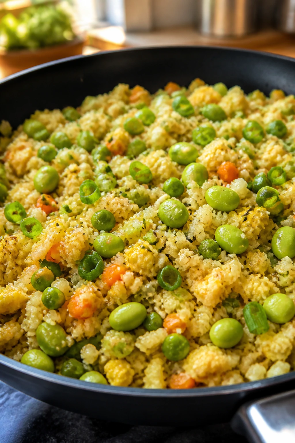 Close-up of cauliflower fried rice with edamame in a skillet