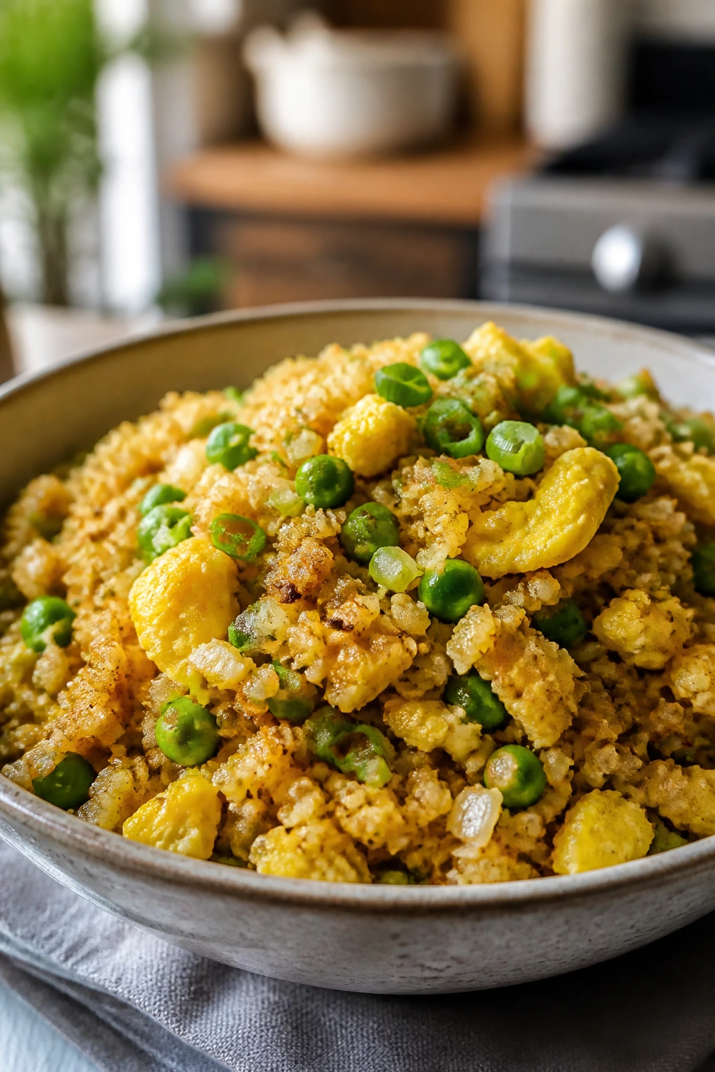 Close-up of cauliflower fried rice with eggs in a bowl