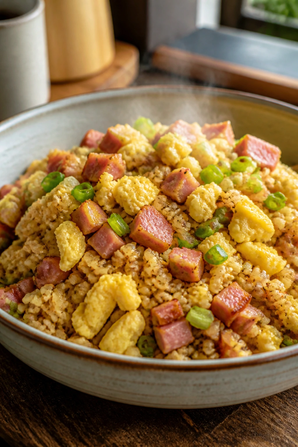 Close-up of cauliflower fried rice with ham and eggs in a bowl
