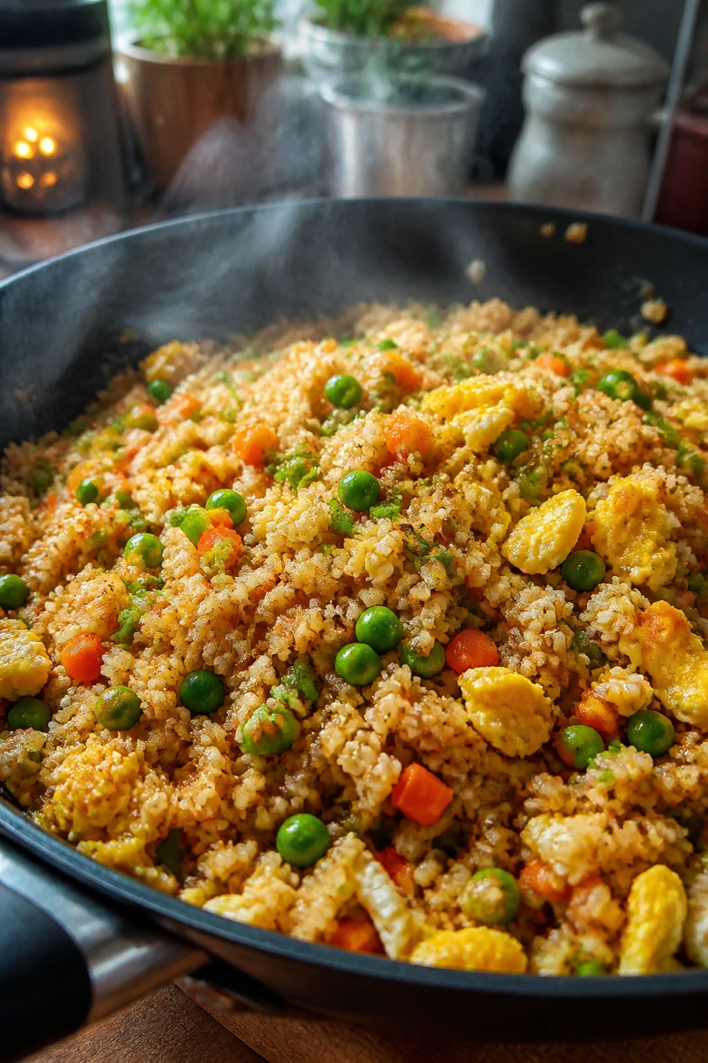 Close-up of cauliflower fried rice in a hot skillet with eggs, peas, and carrots