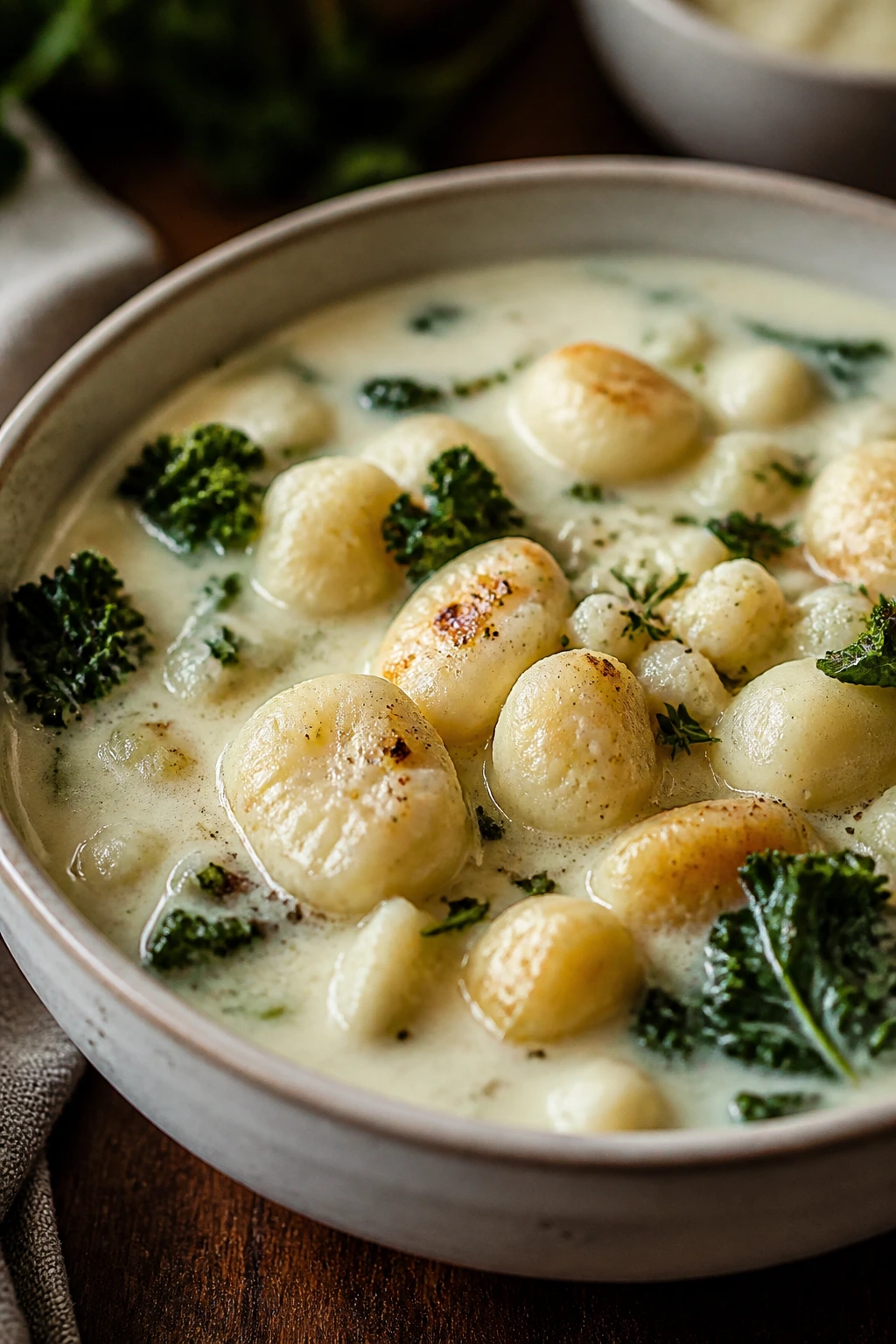 Cauliflower gnocchi soup in a bowl with greens in creamy broth