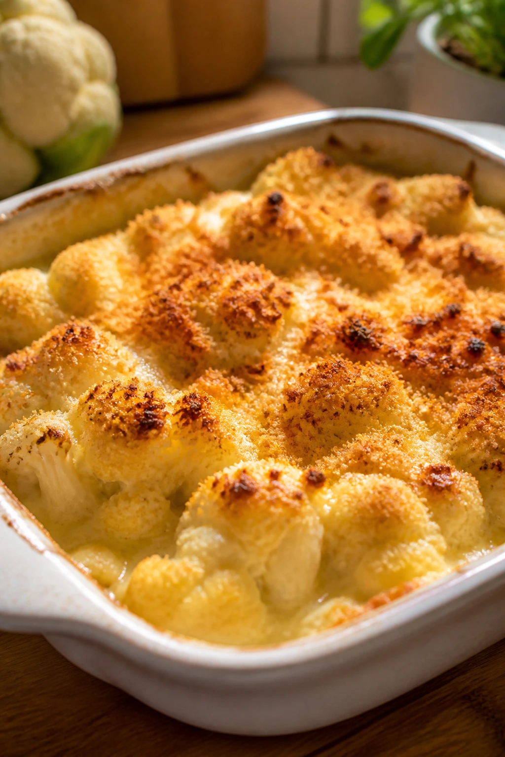 Close-up of bubbling cauliflower gratin with cheese sauce and breadcrumbs
