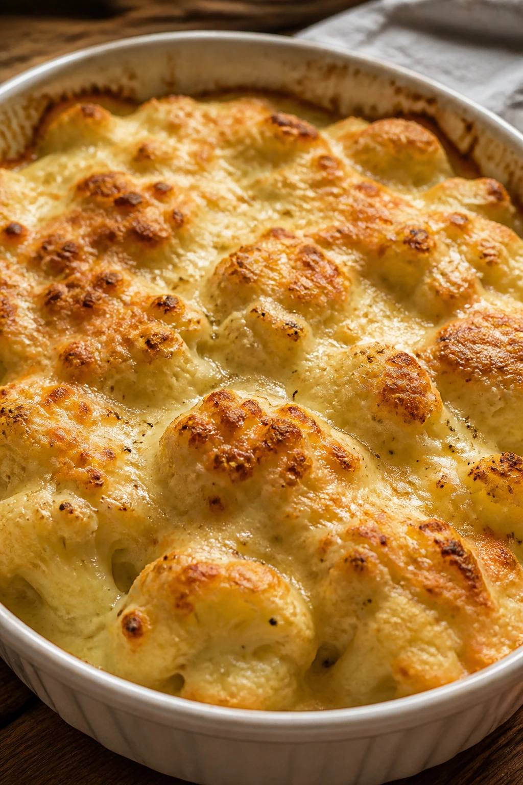 Bubbling cauliflower gratin with Gruyère in a baking dish