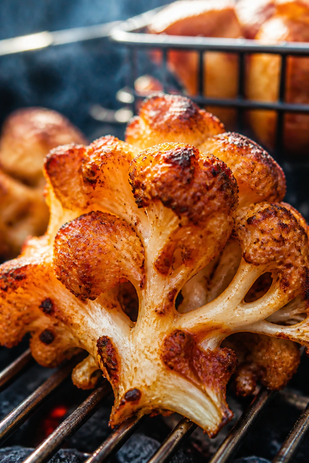 Cauliflower on grill with out-of-focus grill basket in background