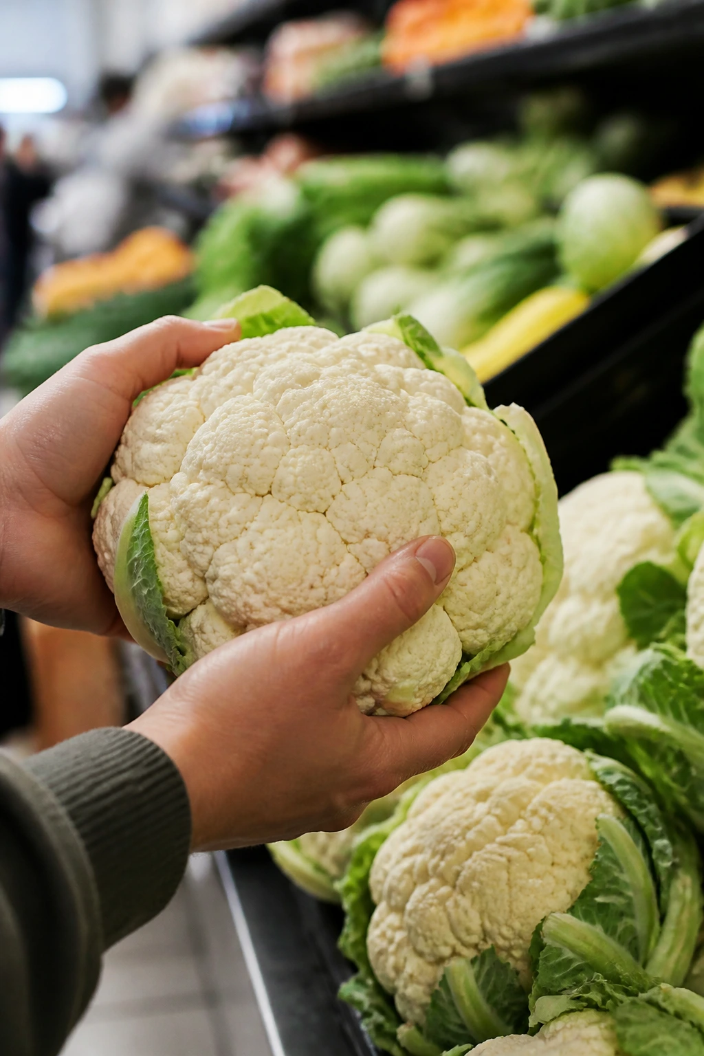 Close-up of dense cauliflower in a grocery produce aisle for smart shopping tips