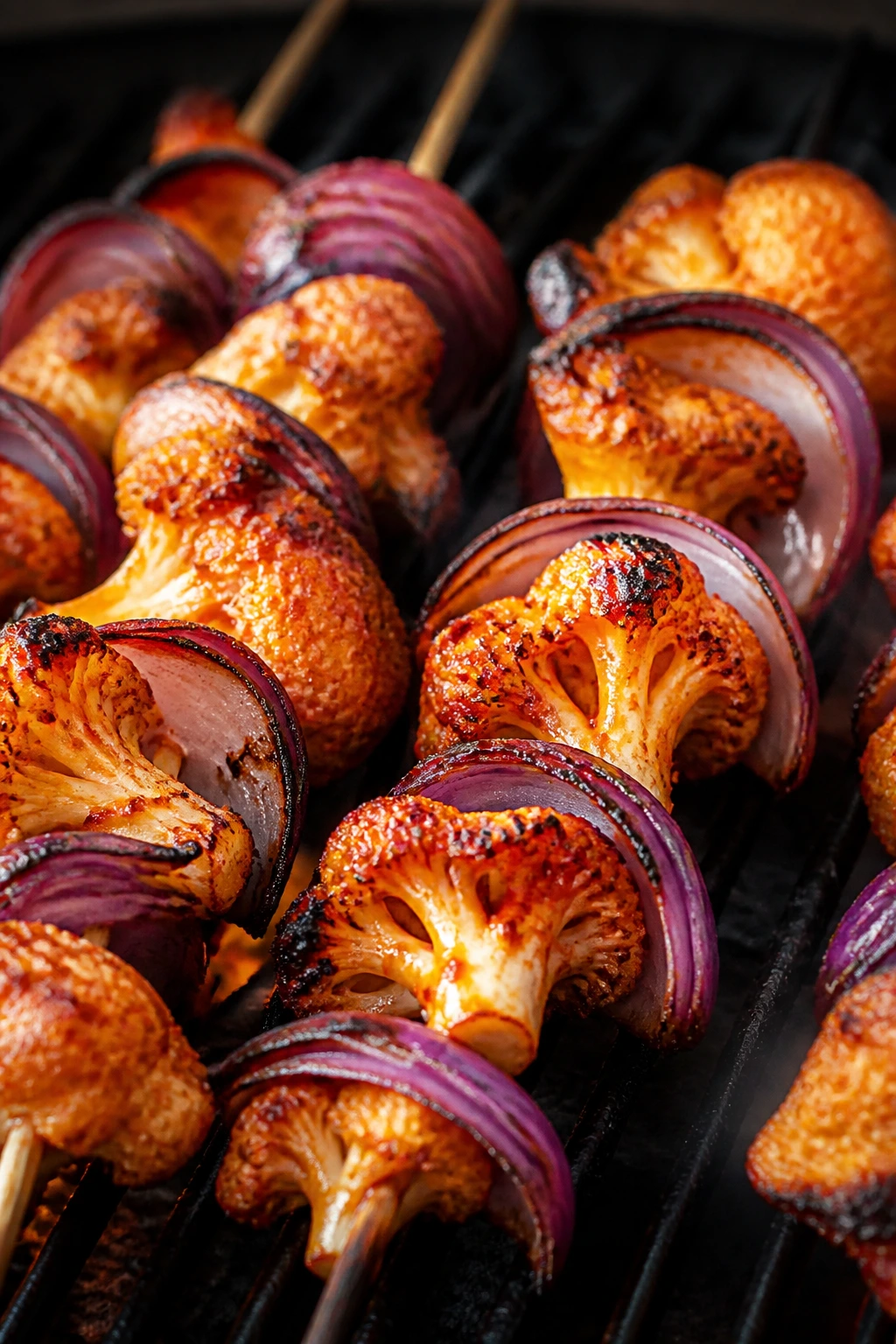 Harissa glazed cauliflower and red onion skewers on grill