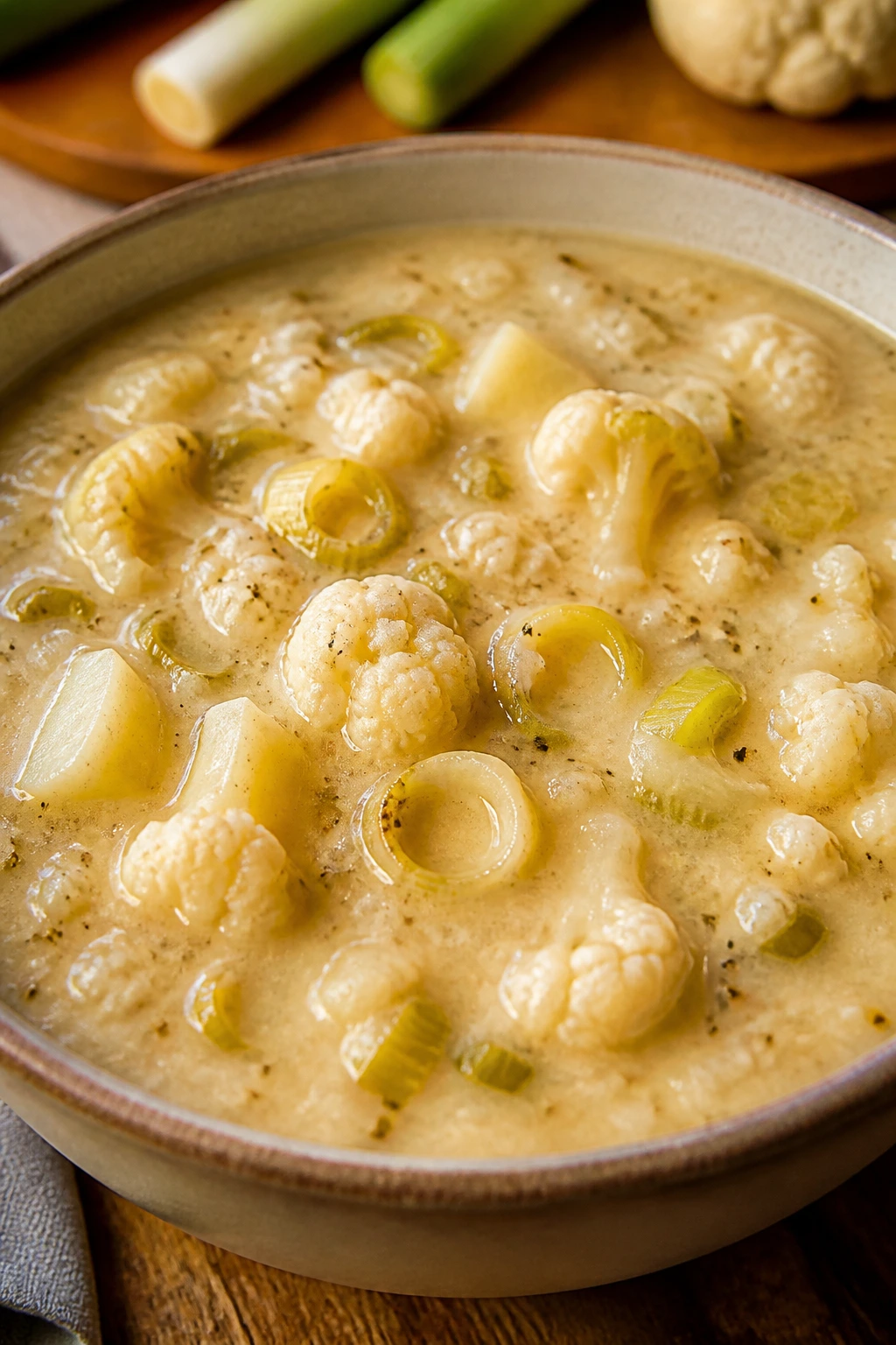 Close-up of Cauliflower Leek Chowder with cauliflower and leeks in a bowl