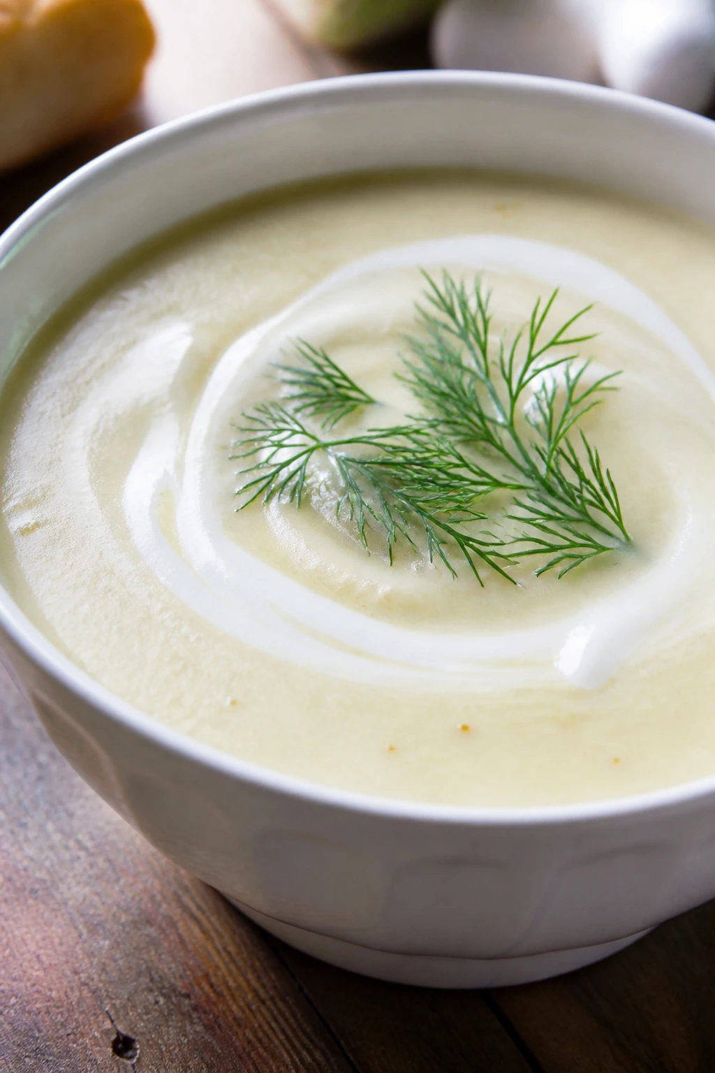 Close-up of creamy cauliflower-leek soup with yogurt swirl and dill in a bowl