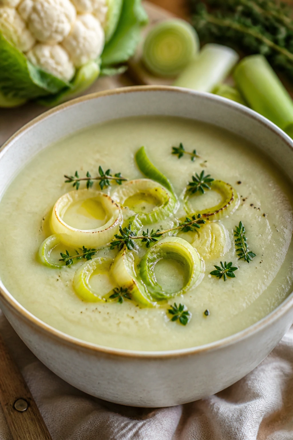 Creamy cauliflower leek thyme soup with leek ribbons and thyme garnish