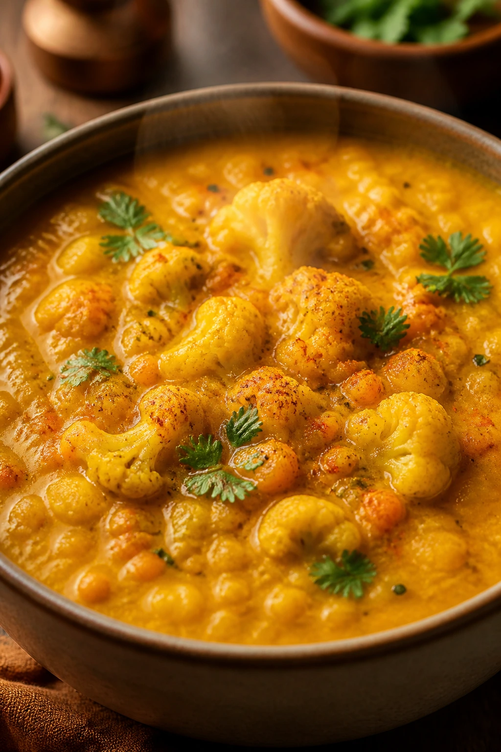 Curried cauliflower lentil soup with coconut milk in a warm kitchen