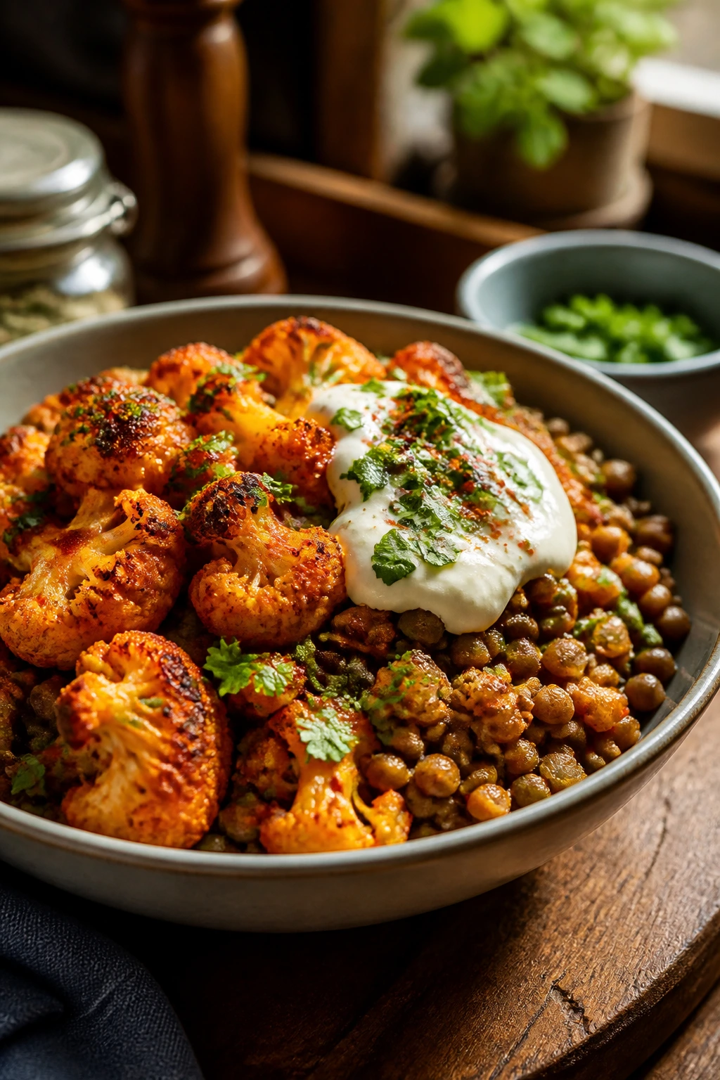 Bowl of harissa cauliflower lentil bowls with yogurt topping