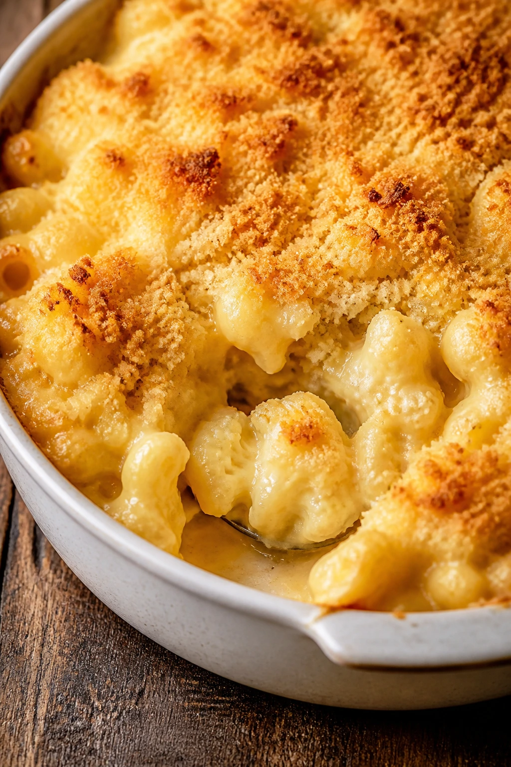 Close-up of cauliflower mac and cheese with breadcrumbs