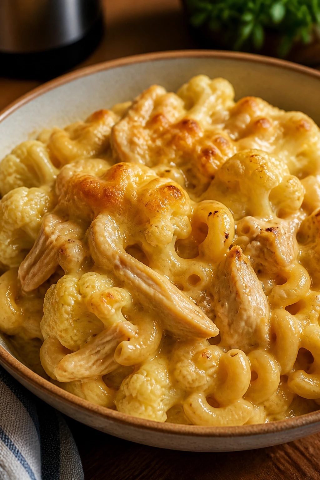 Creamy cauliflower mac and cheese with chicken in a warm bowl