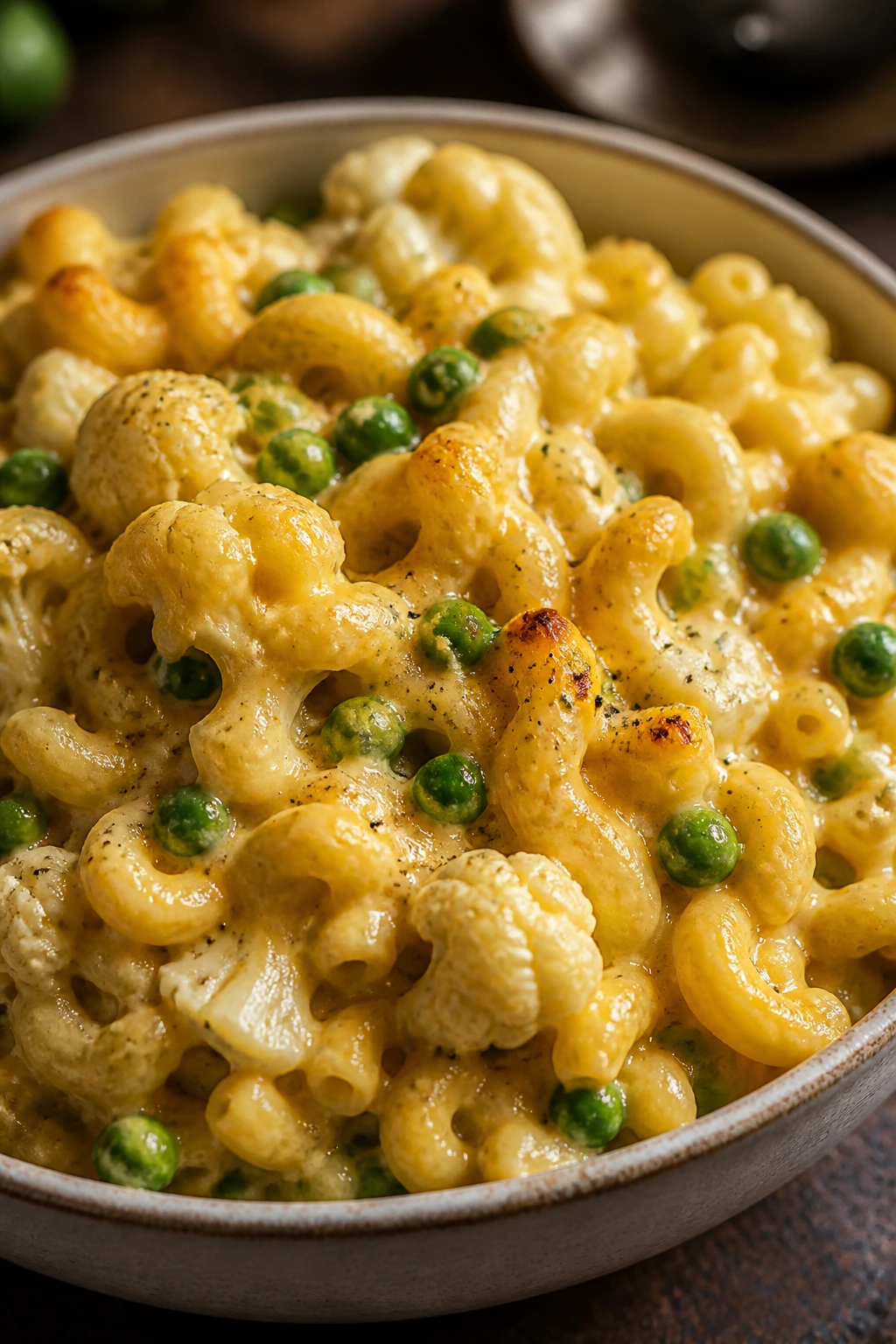 Creamy cauliflower macaroni and cheese with peas in a bowl