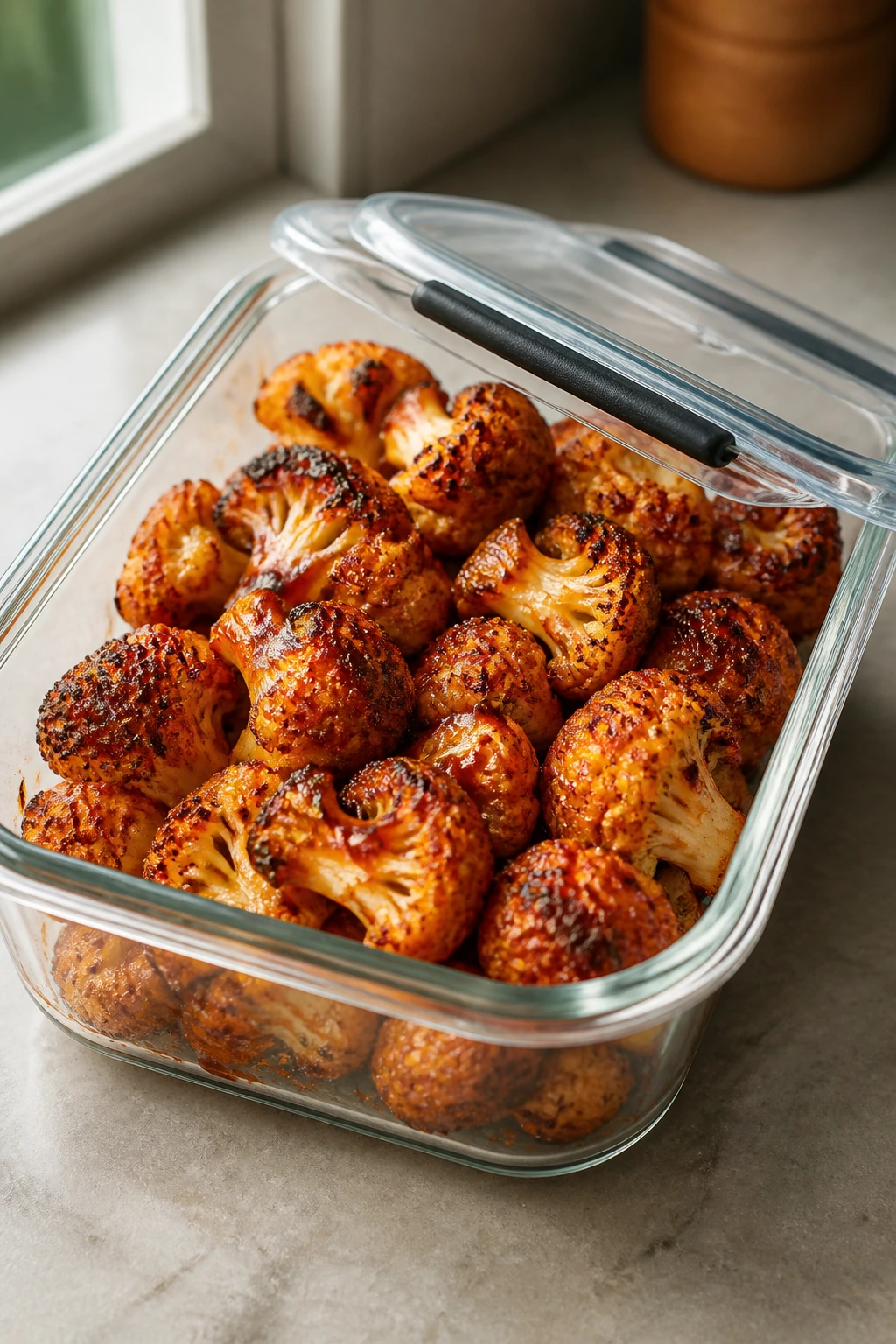 Cauliflower stored in a glass container on a kitchen counter