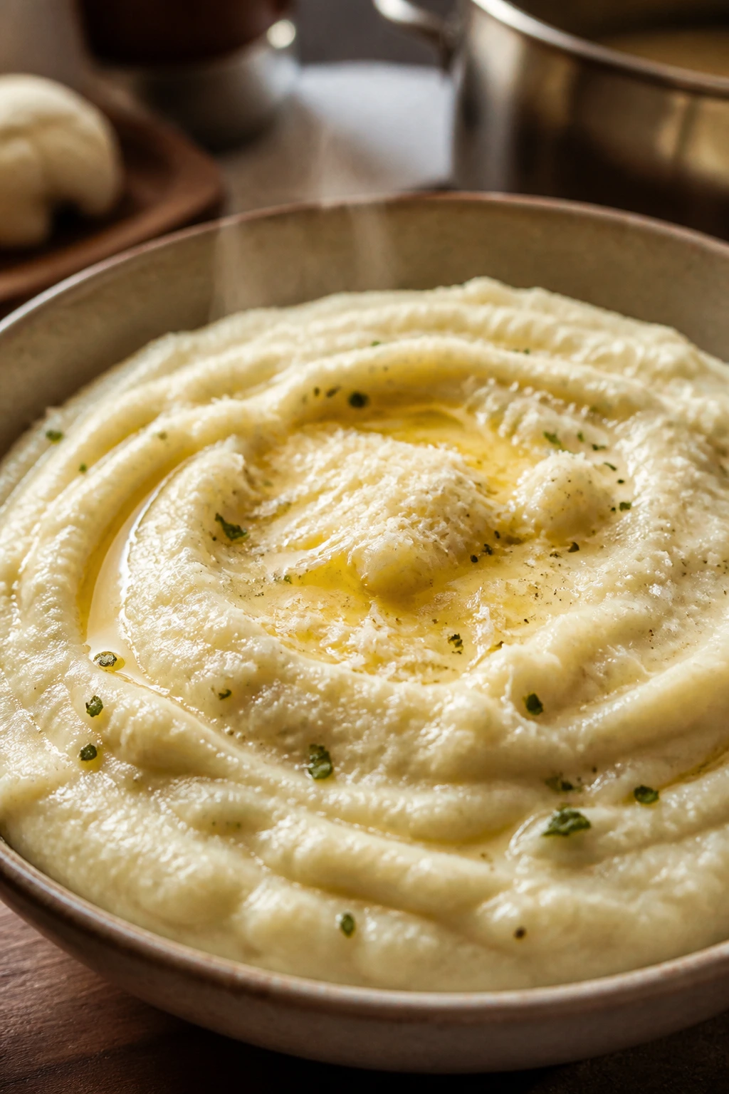 Close-up of creamy mashed cauliflower in a rustic bowl