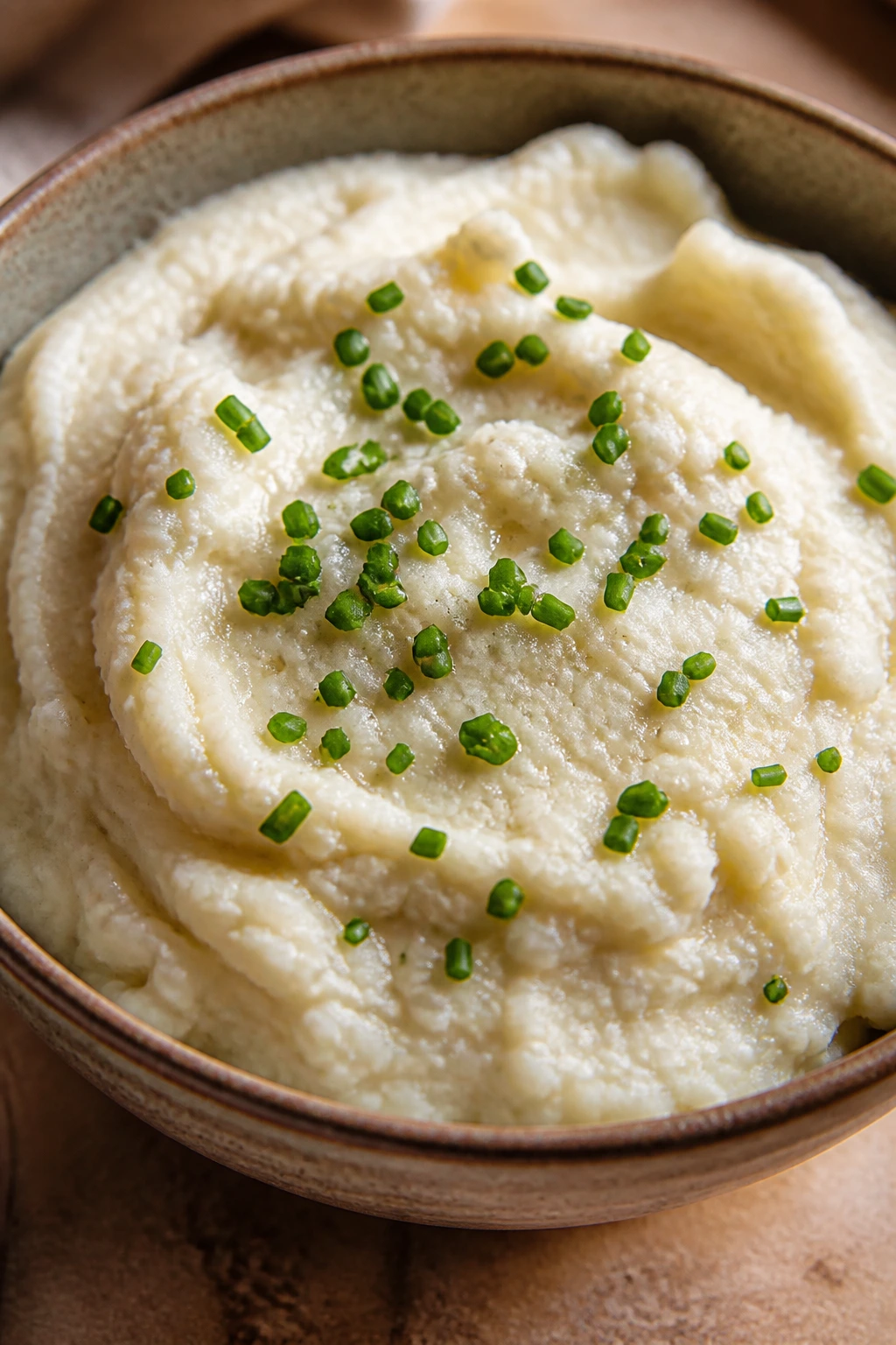 Creamy mashed cauliflower with chives in a rustic bowl, close-up.
