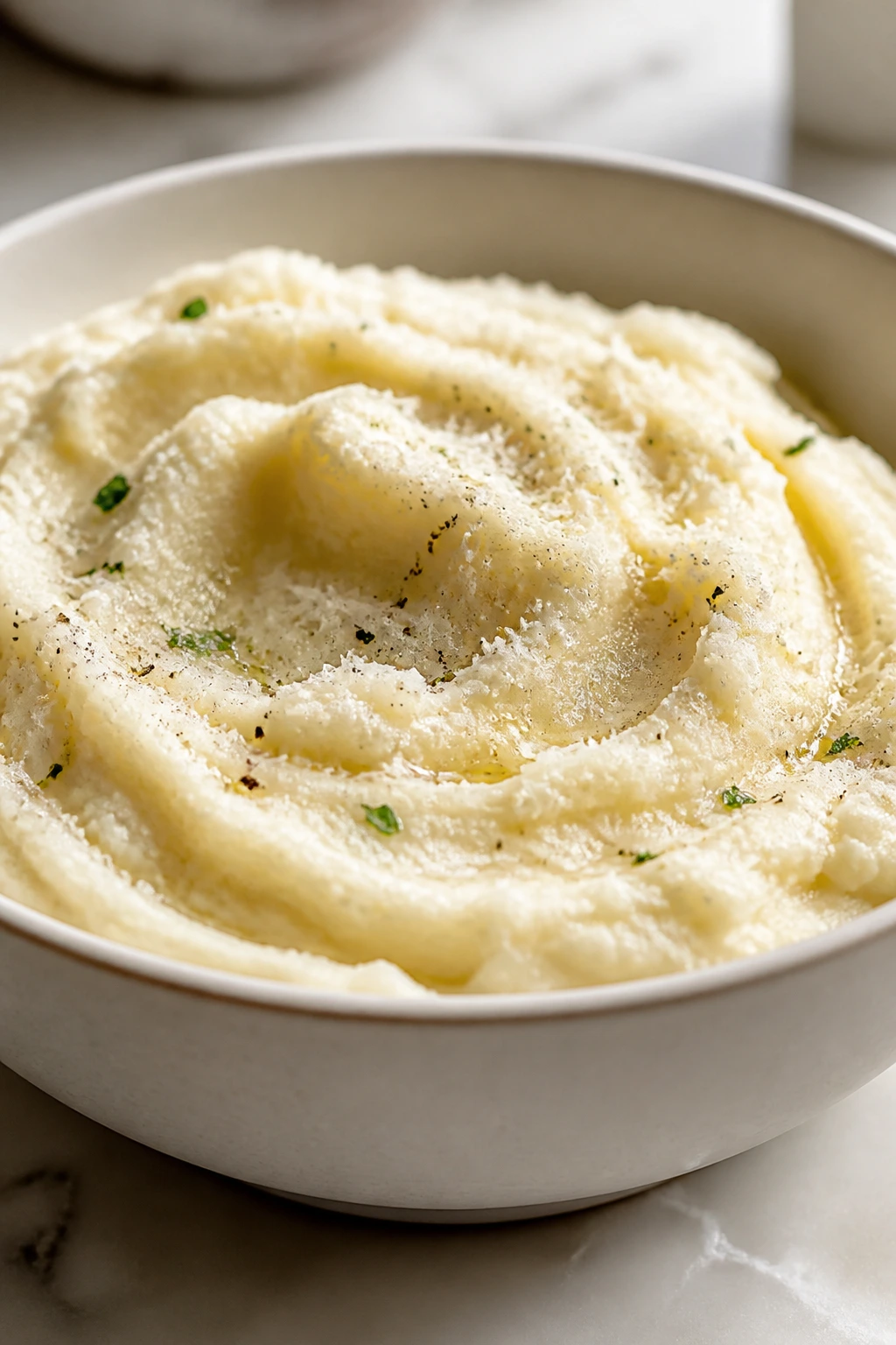 Close-up of cauliflower mash with parmesan in a white bowl