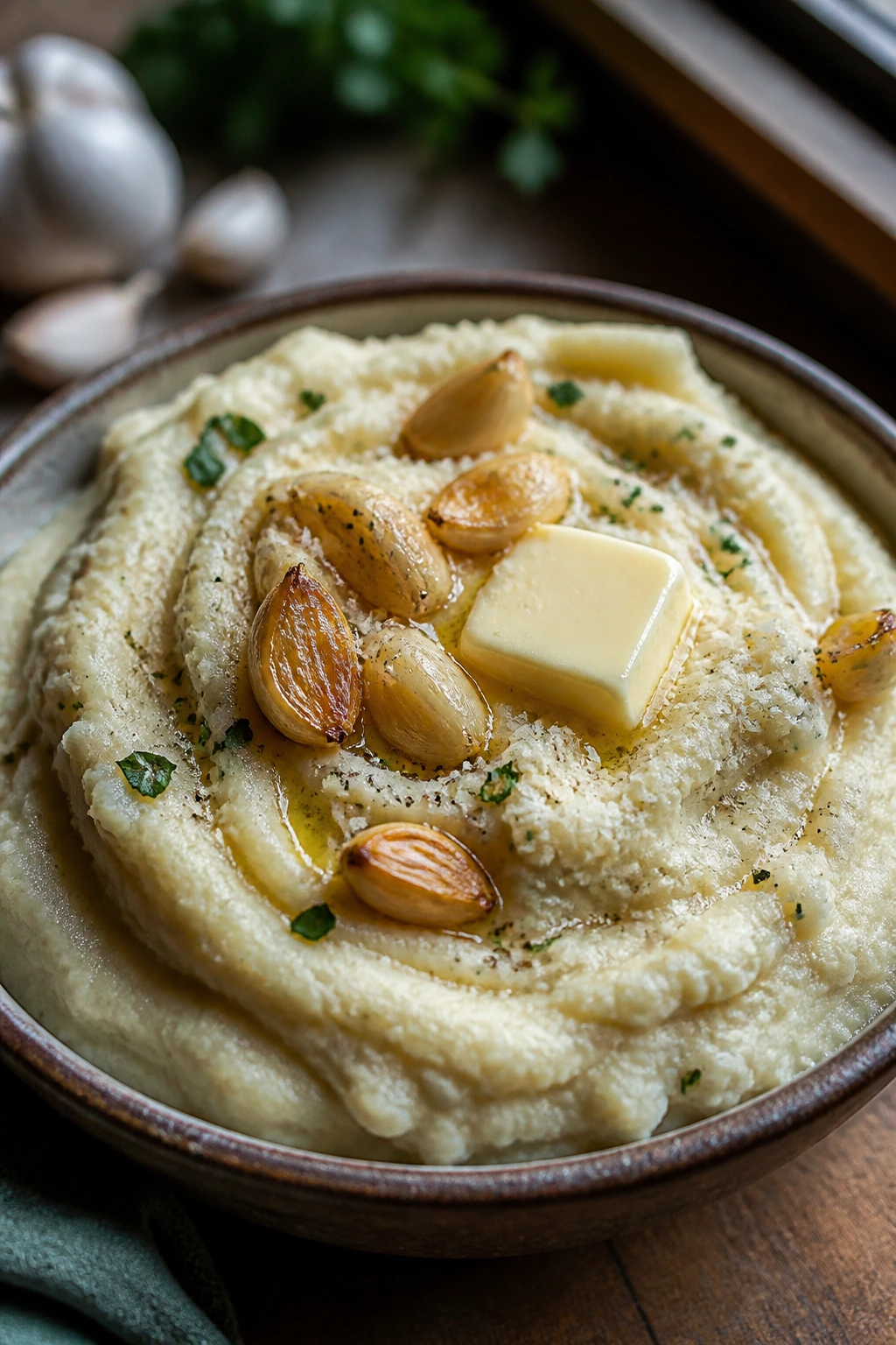 Creamy cauliflower mash with roasted garlic and Parmesan