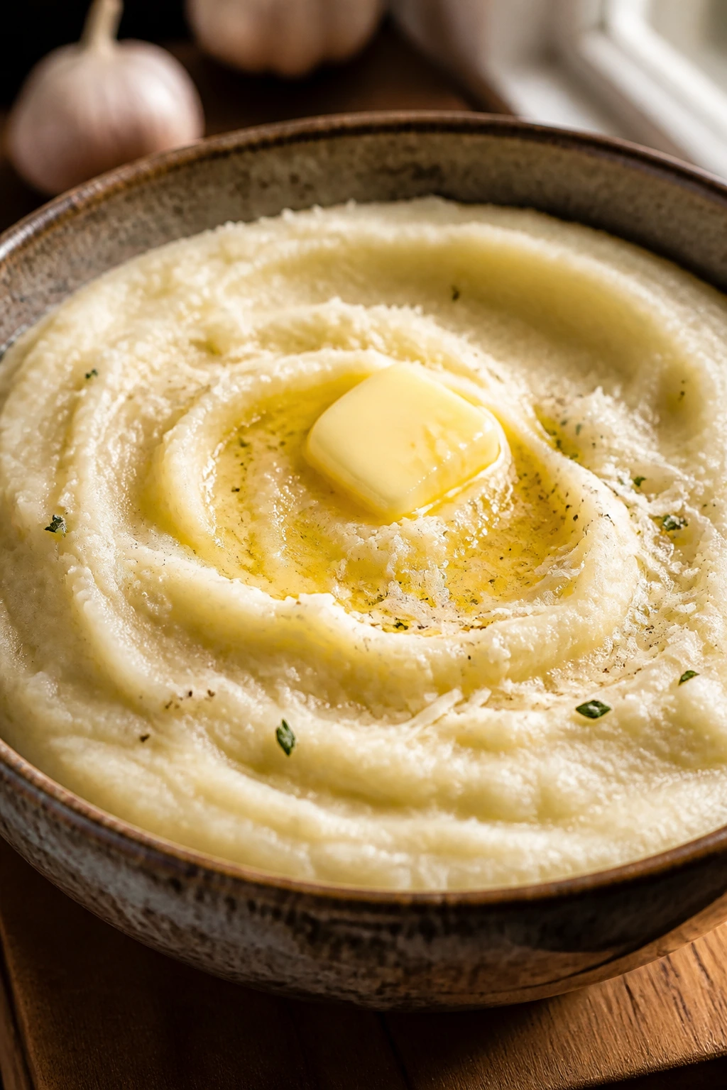 Close-up of creamy cauliflower mash in a rustic bowl with butter in warm kitchen light