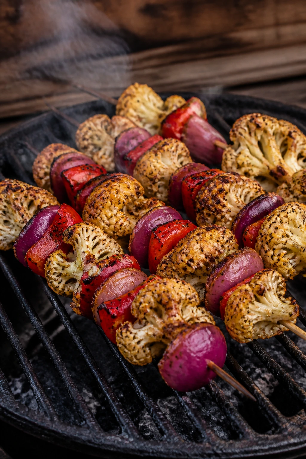 Close-up of zaatar cauliflower and red onion skewers on grill