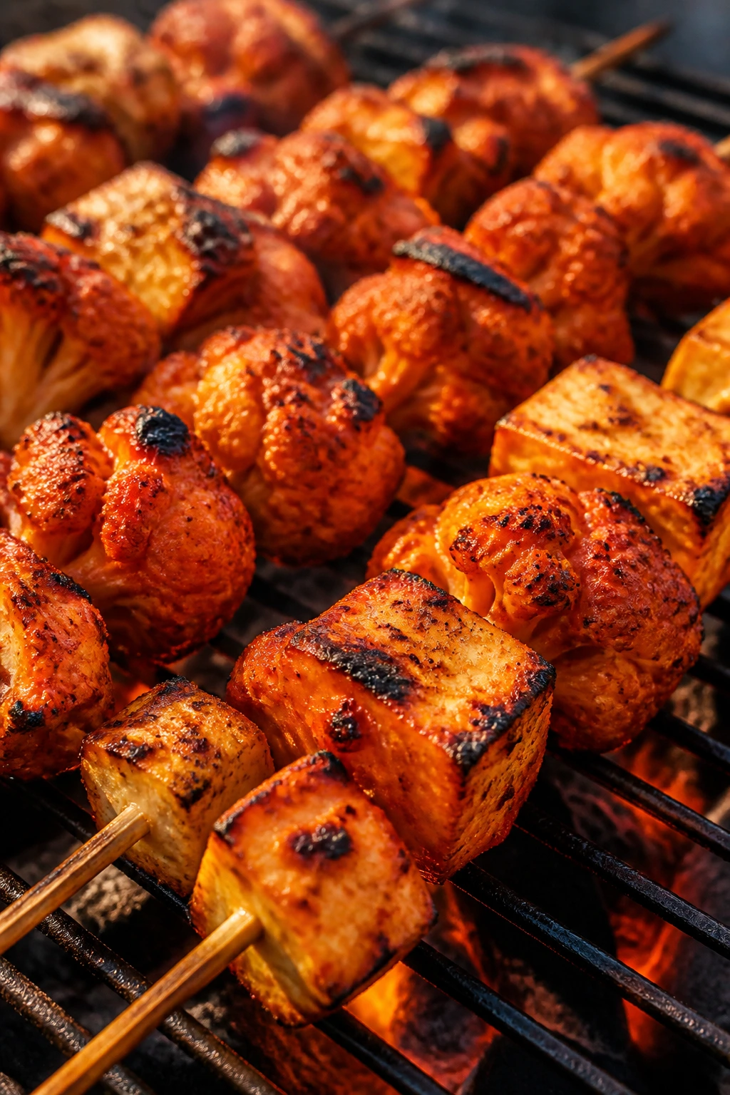 Close-up of tandoori cauliflower and paneer skewers with red marinade
