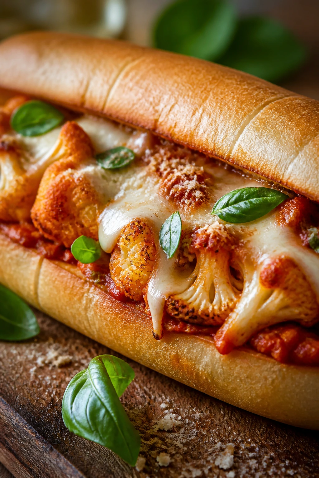 Cauliflower parmesan sub on wooden board with melted cheese