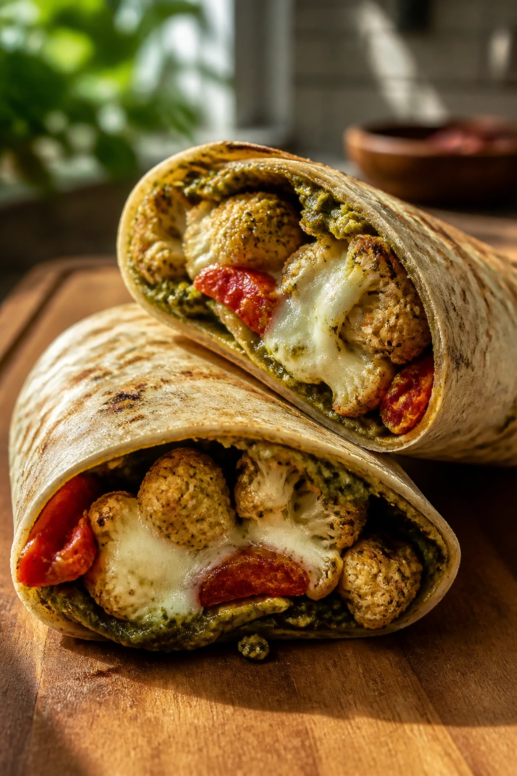 Close-up of pesto cauliflower mozzarella wrap half on wooden board