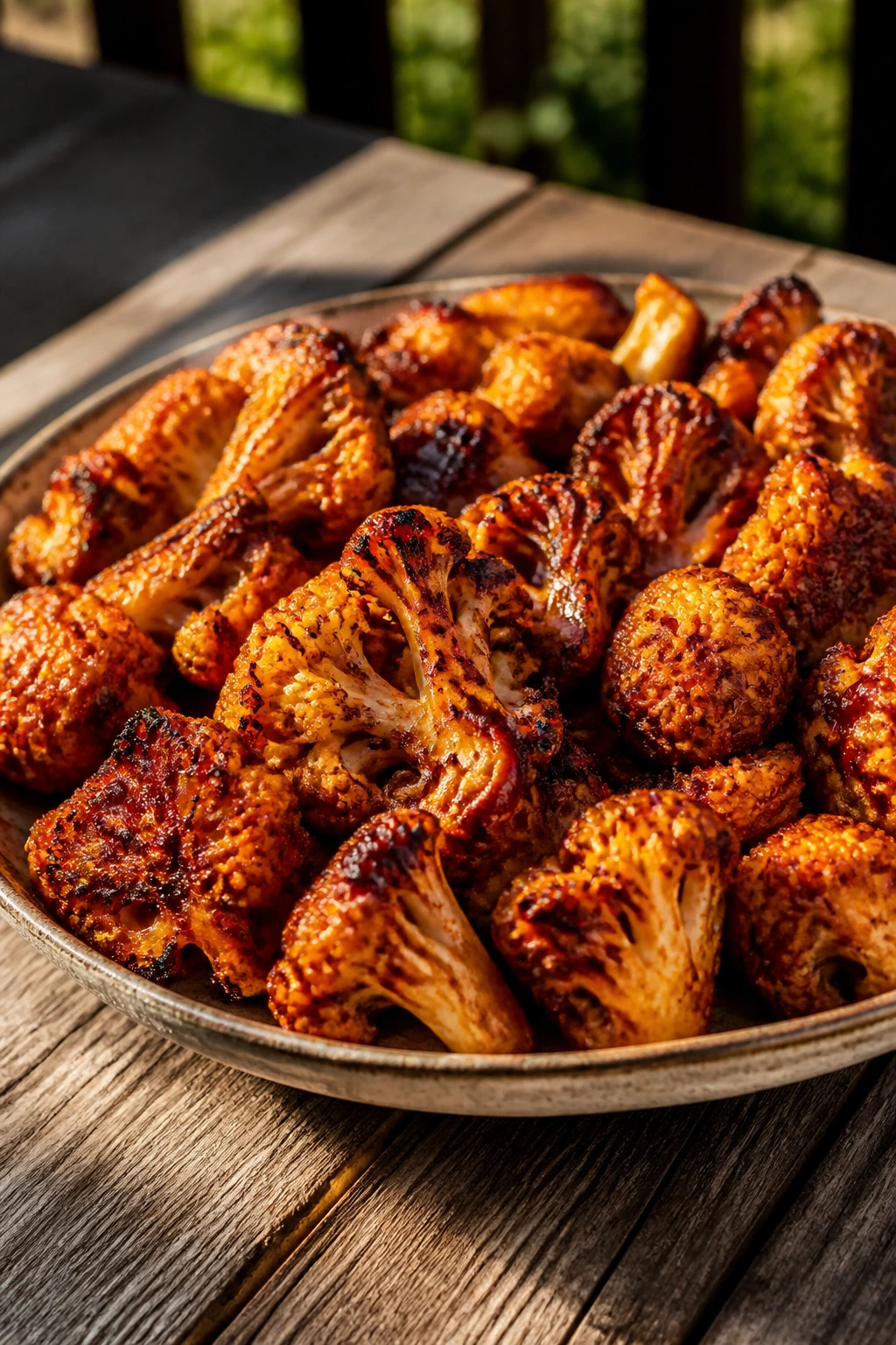 Plate of smoky cauliflower on outdoor table