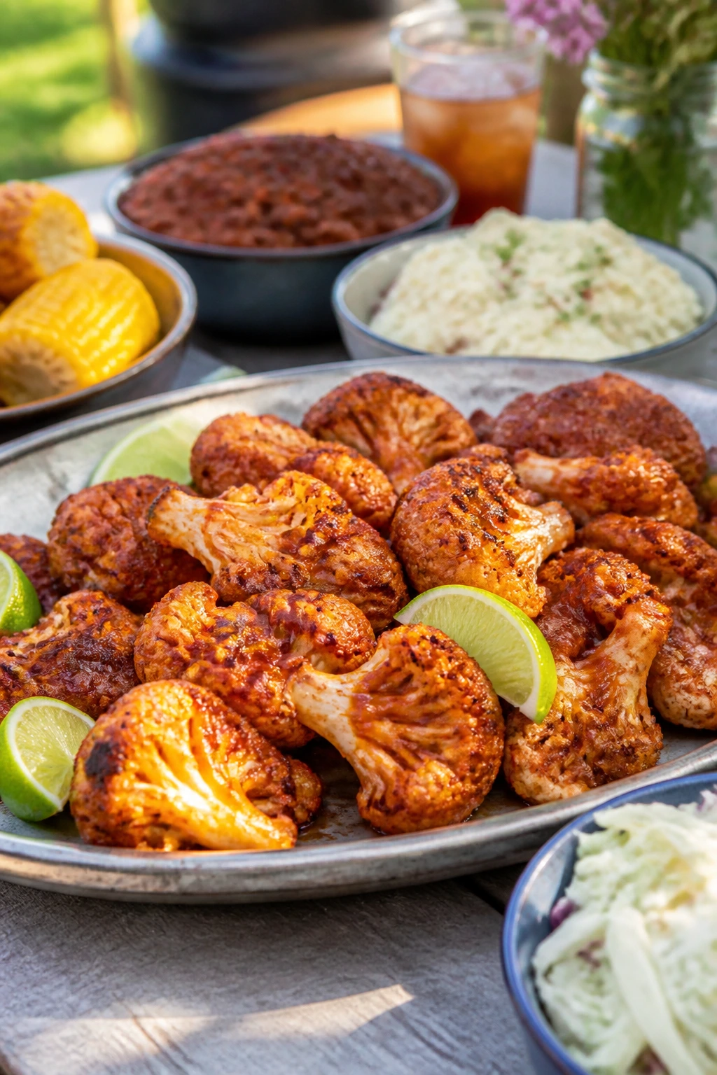 Cauliflower on a rustic platter with lime wedges in a sunny backyard