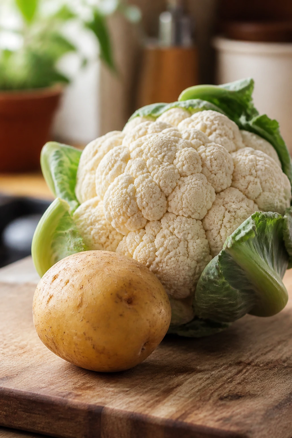 Cauliflower head and potato on cutting board in a cozy kitchen