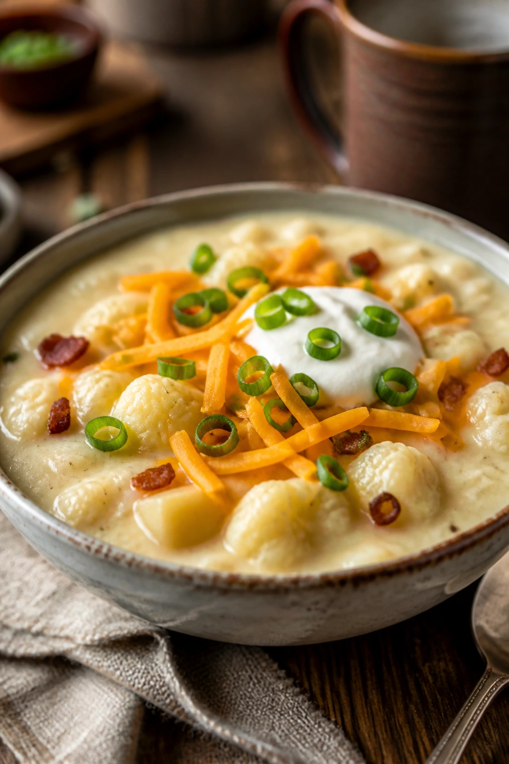 Creamy loaded cauliflower-potato soup in a rustic bowl with cheddar and yogurt