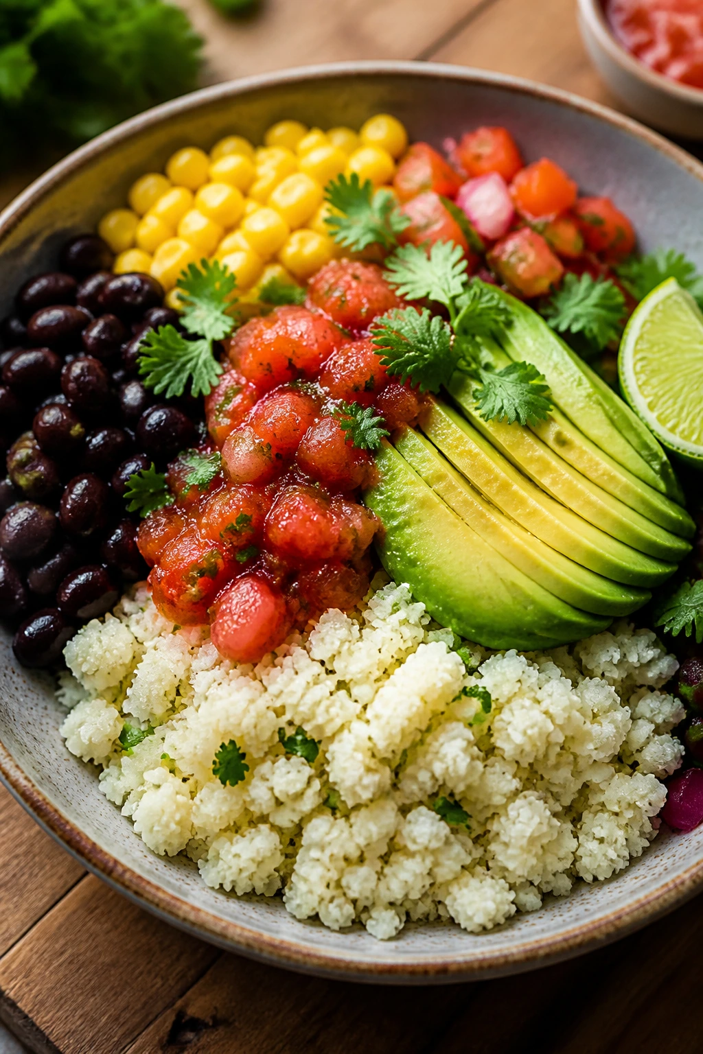 Top-view close-up of burrito bowl with cauliflower rice, beans, avocado, salsa
