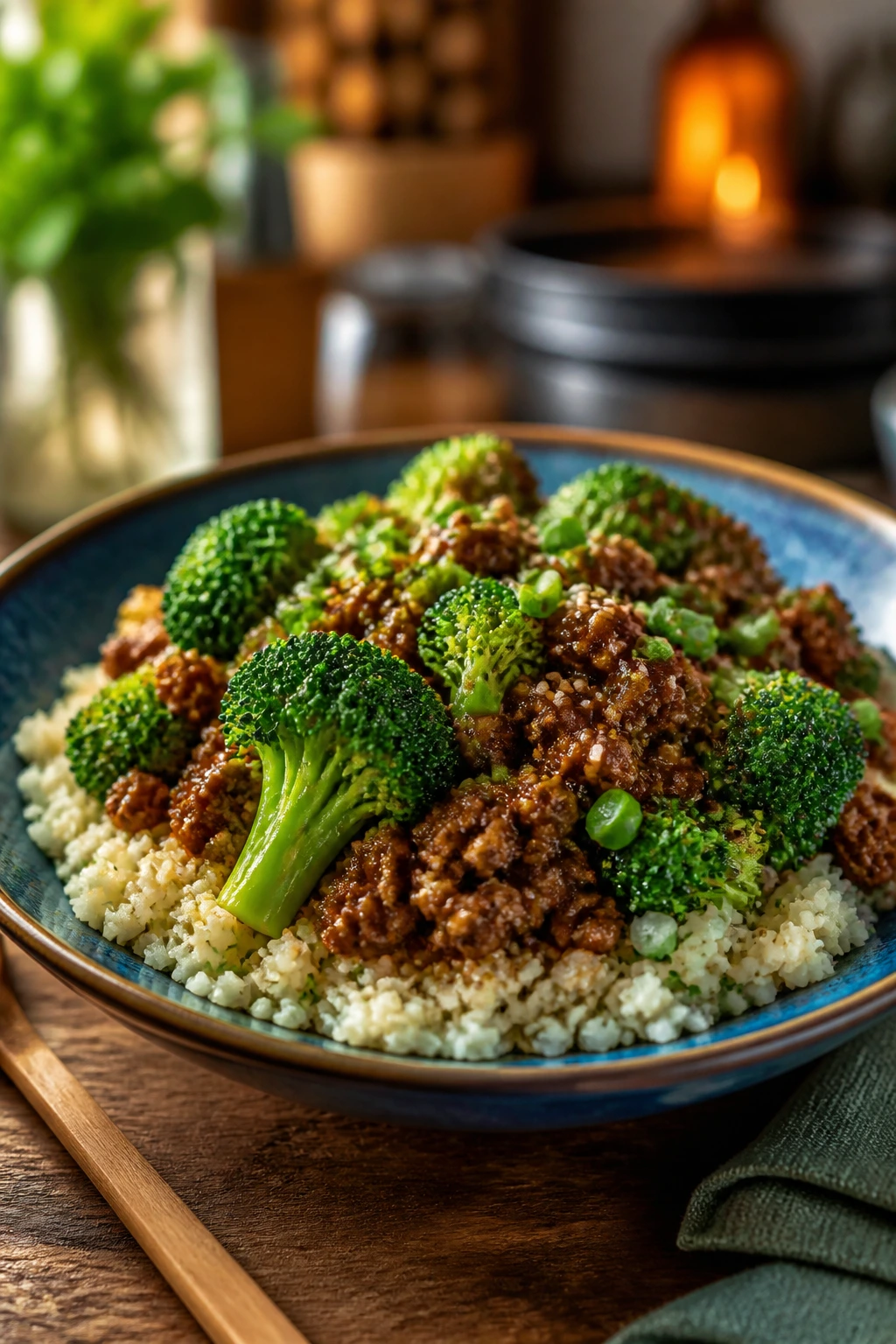 Beef and broccoli served over cauliflower rice in a bowl