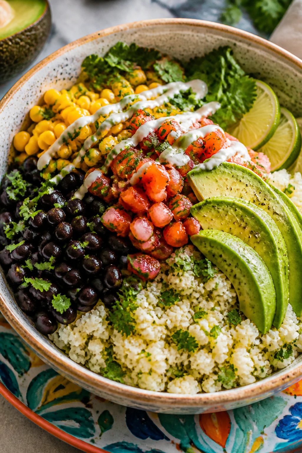 Top-down view of cauliflower rice burrito bowl with toppings