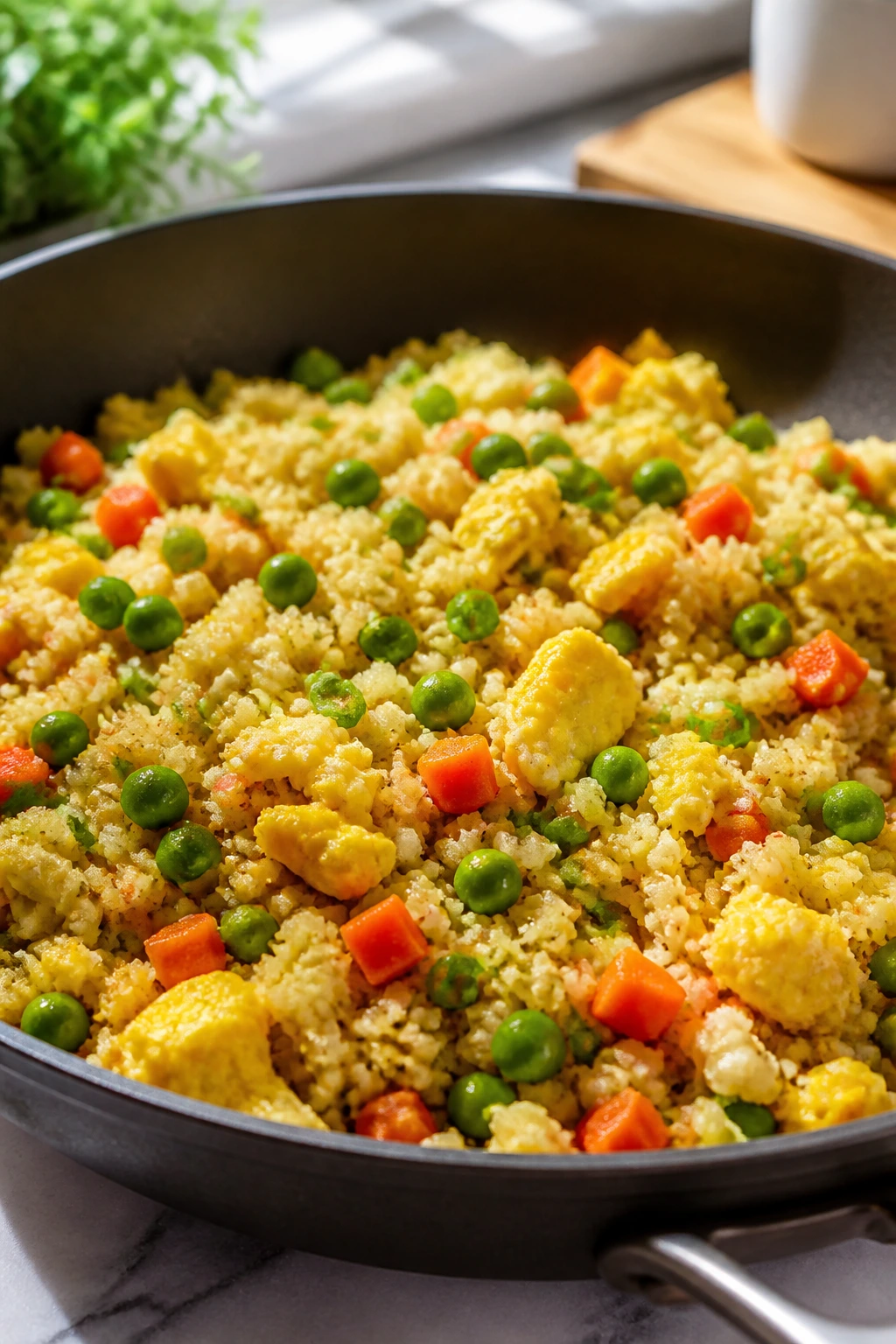 Close-up of cauliflower fried rice with egg in a bright kitchen