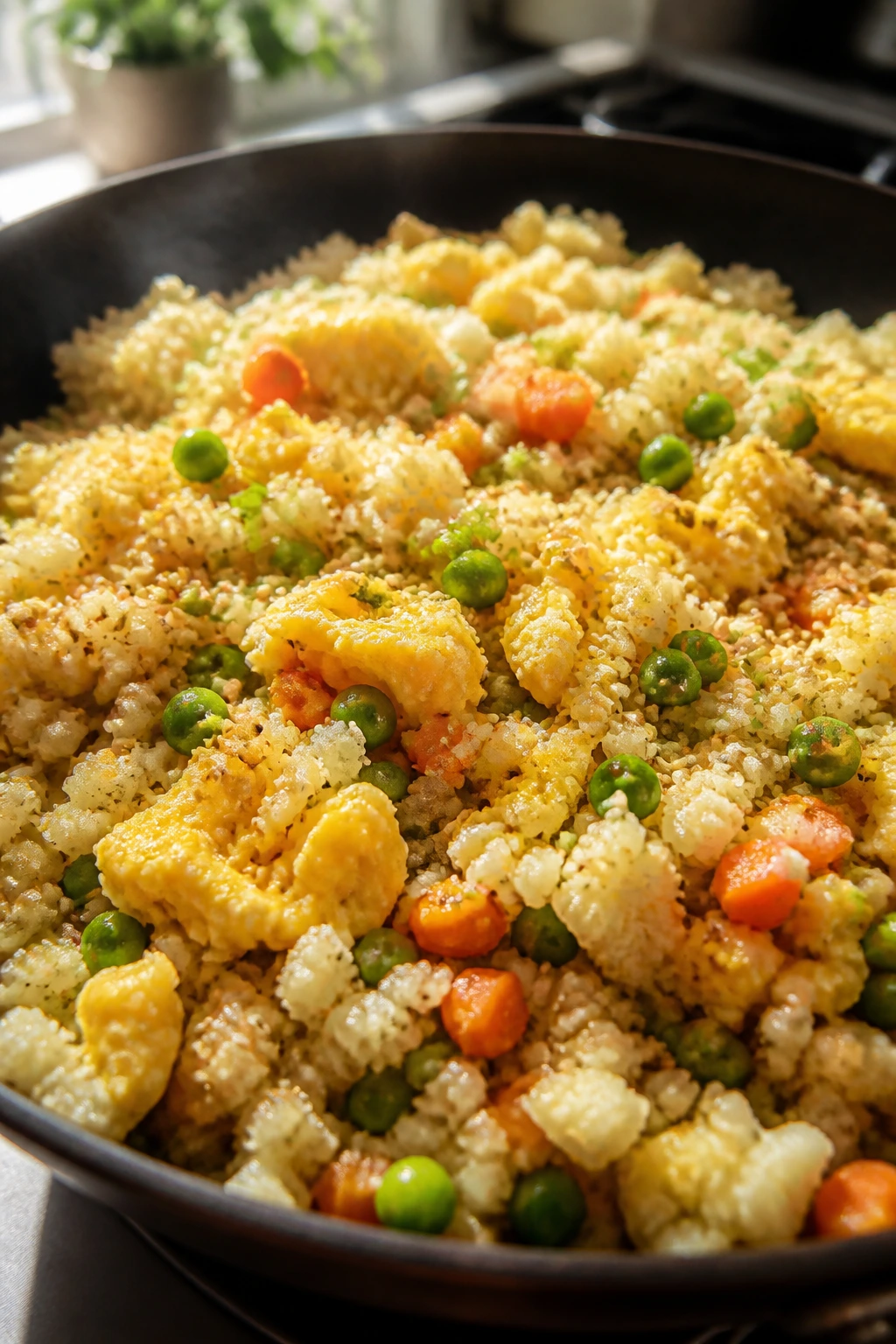 Cauliflower fried rice with carrots, peas, sesame seeds, and egg