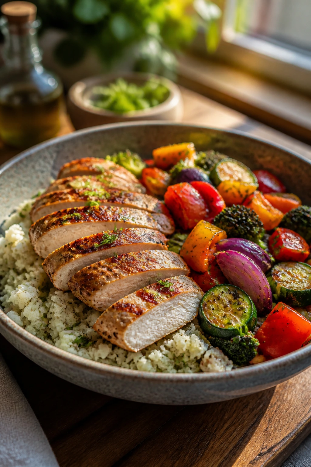 Vibrant bowl with cauliflower rice base, chicken, and vegetables