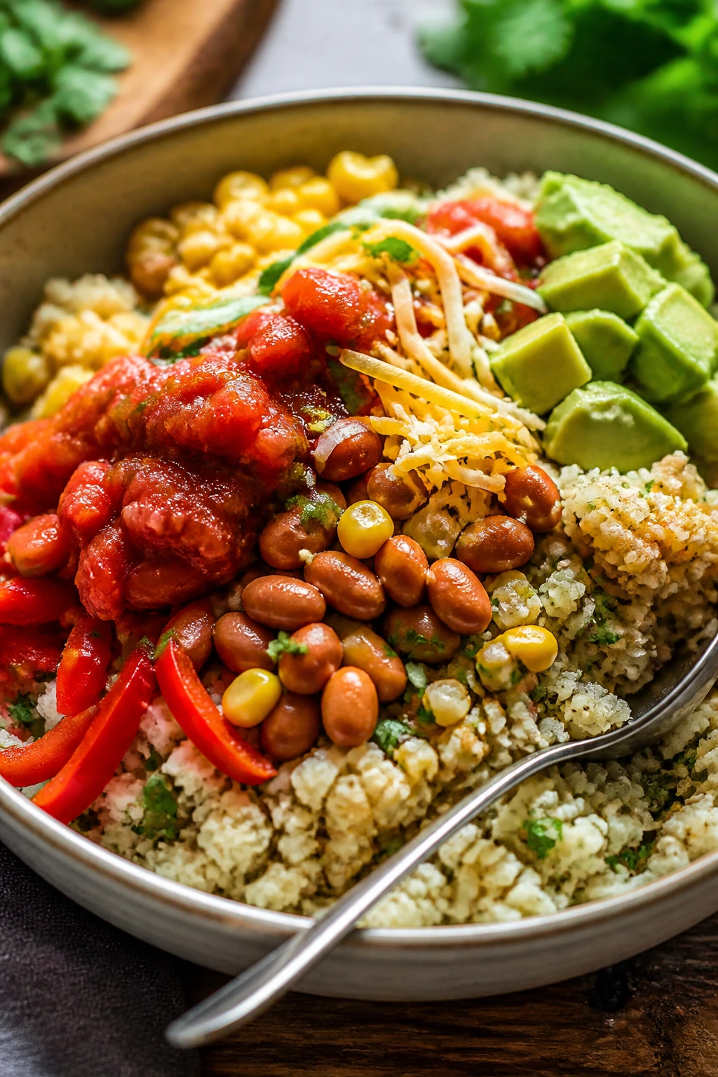 Close-up of Cauliflower Rice Taco Bowl with pinto beans and colorful toppings on a rustic wooden counter