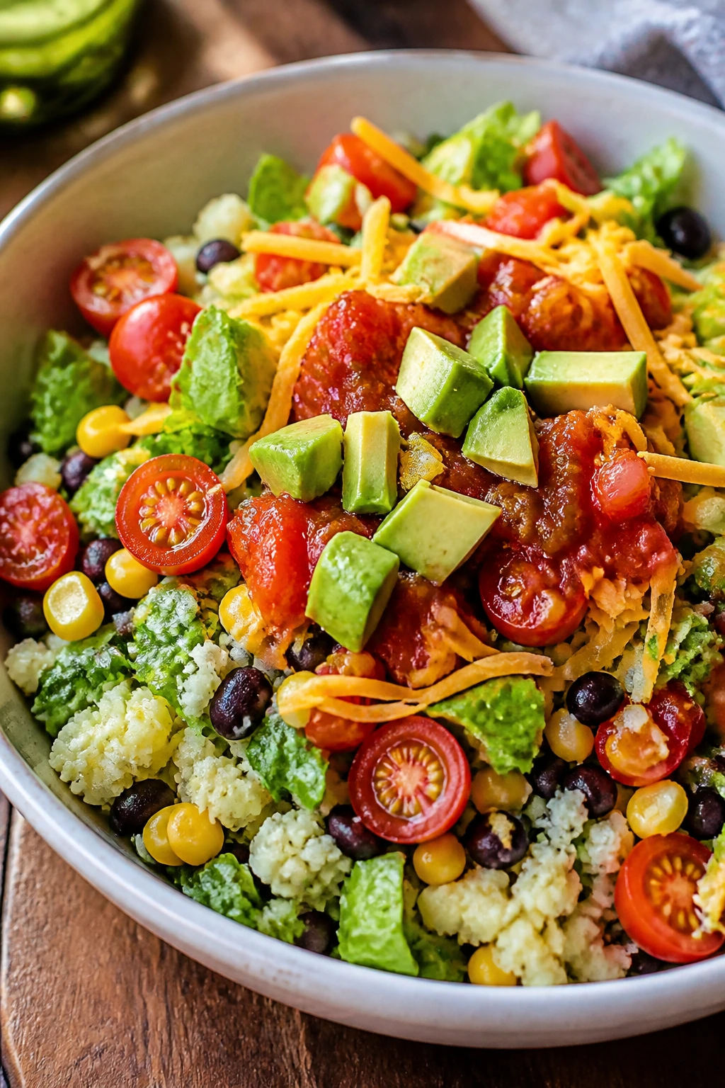 Close-up of a cauliflower rice taco salad bowl with beans, corn, tomato, avocado, and salsa