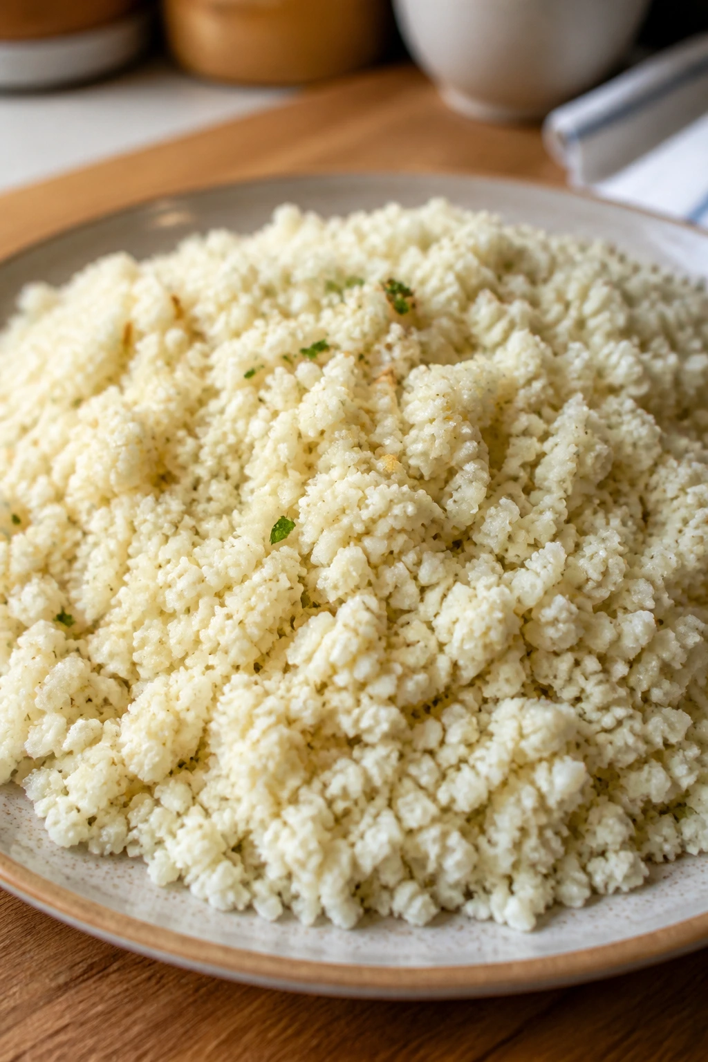 Cauliflower rice mound on plate in kitchen