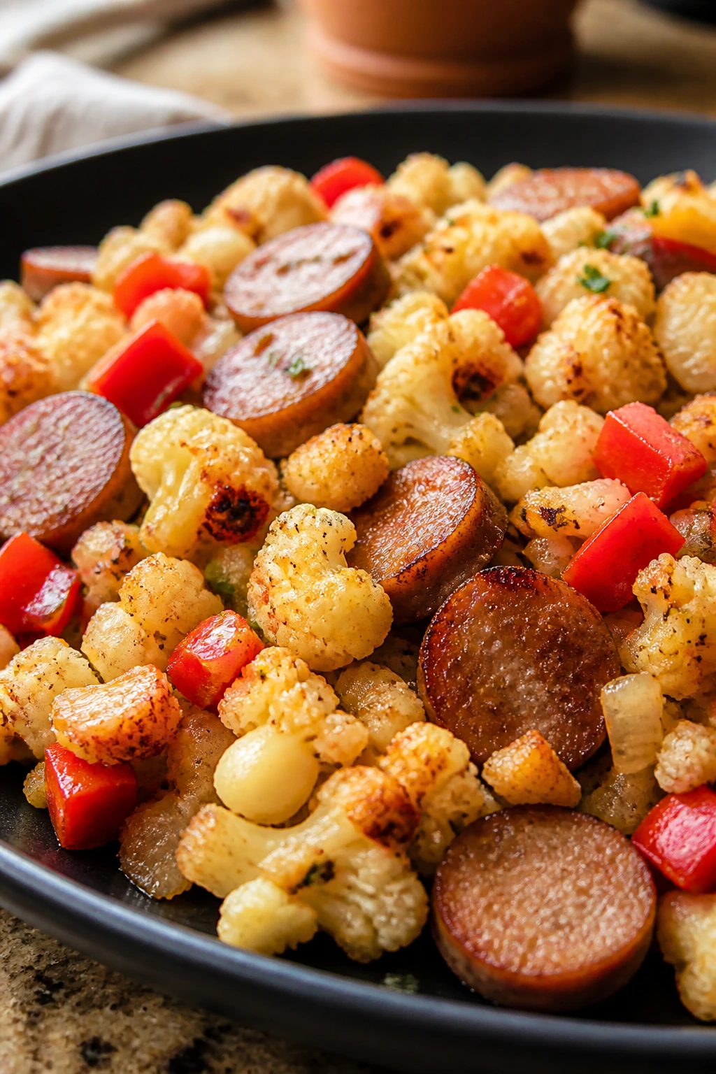 Close-up of cauliflower hash with sausage and peppers on a plate